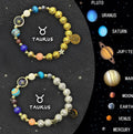 Natural stone beaded bracelets showing zodiac sign designs for all 12 astrology signs