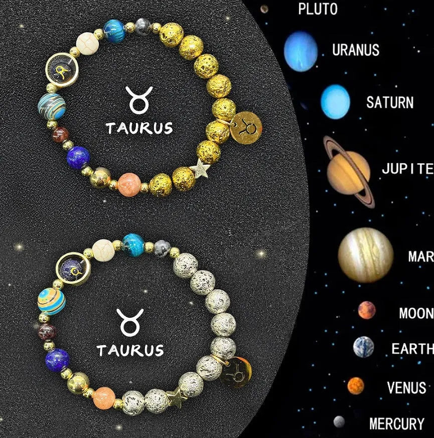 Natural stone beaded bracelets showing zodiac sign designs for all 12 astrology signs