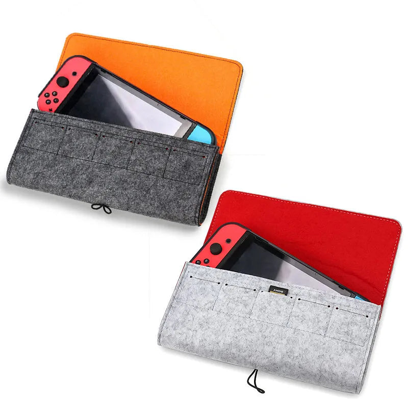 Black felt carrying pouch for Nintendo Switch open to show console compartment and game card slots