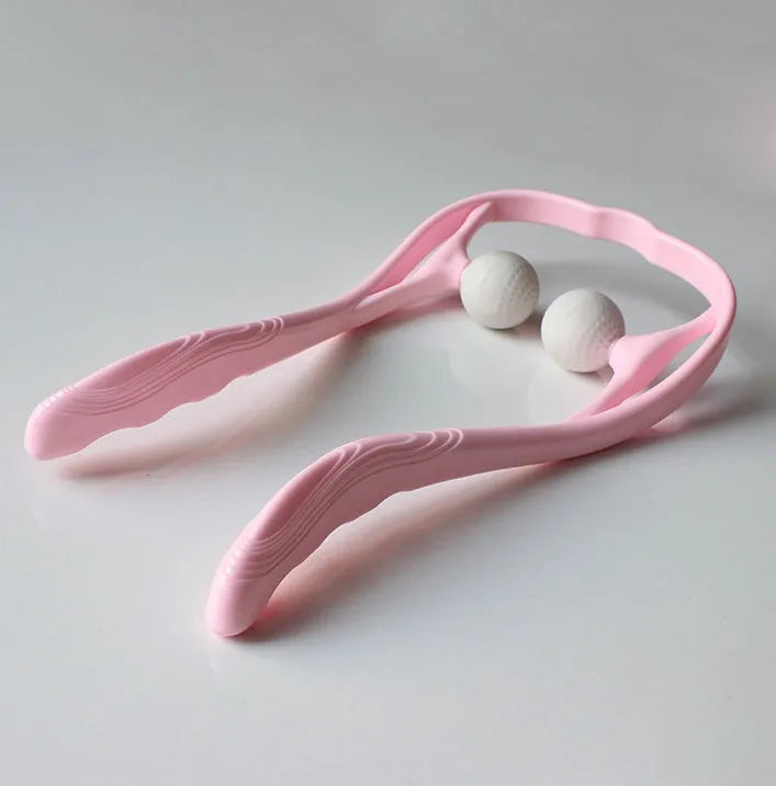Plastic swan-shaped hand roller neck massager in pink colour with adjustable bracket and 3D massage points.