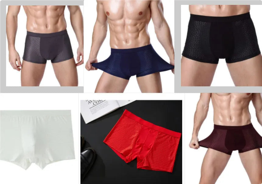 Men's solid colour modal boxer briefs with U-convex design on a mid-waist, shown in multiple size options.