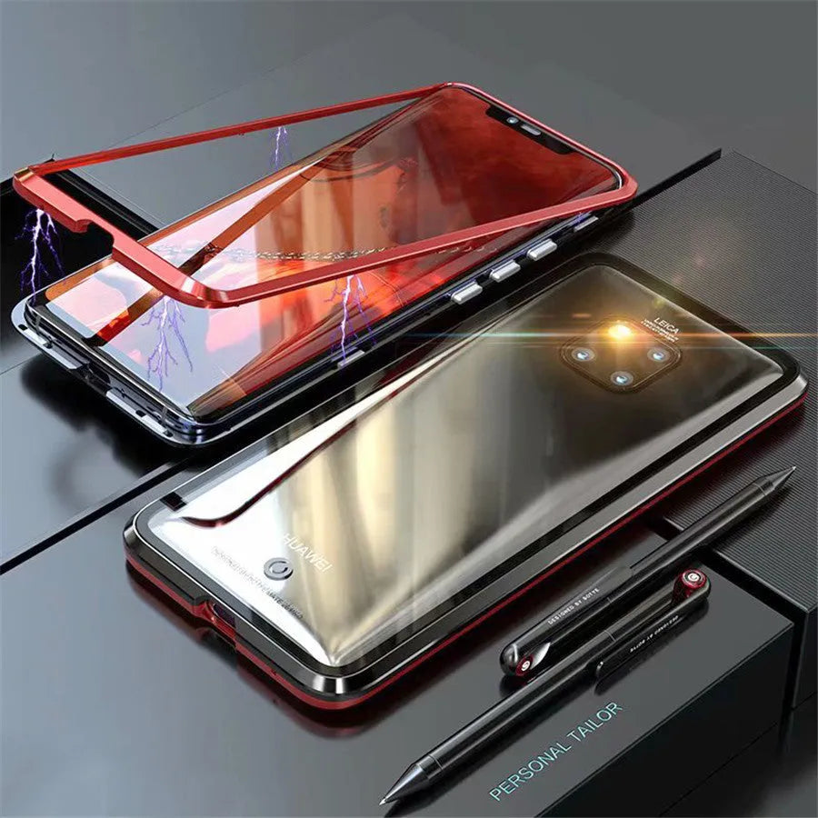 Magnetic metal phone case with tempered glass back for Huawei and Honor smartphones
