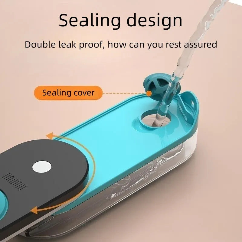 Blue portable pet water bottle with folded-out silicone drinking bowl for dogs and cats.