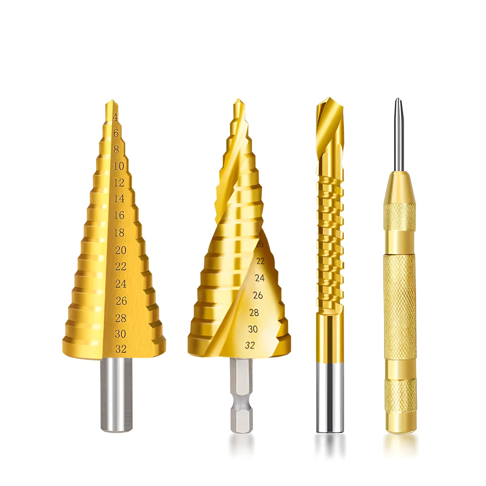 High-speed steel step drill bits and centre punch set for metalworking with diameter ranges from 3mm to 32mm