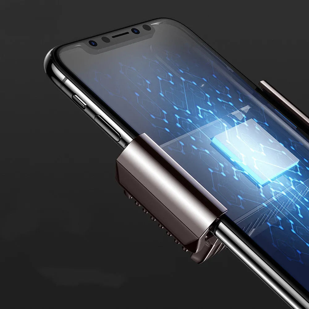 Black mobile phone radiator with aluminium alloy heat sink clipped onto smartphone