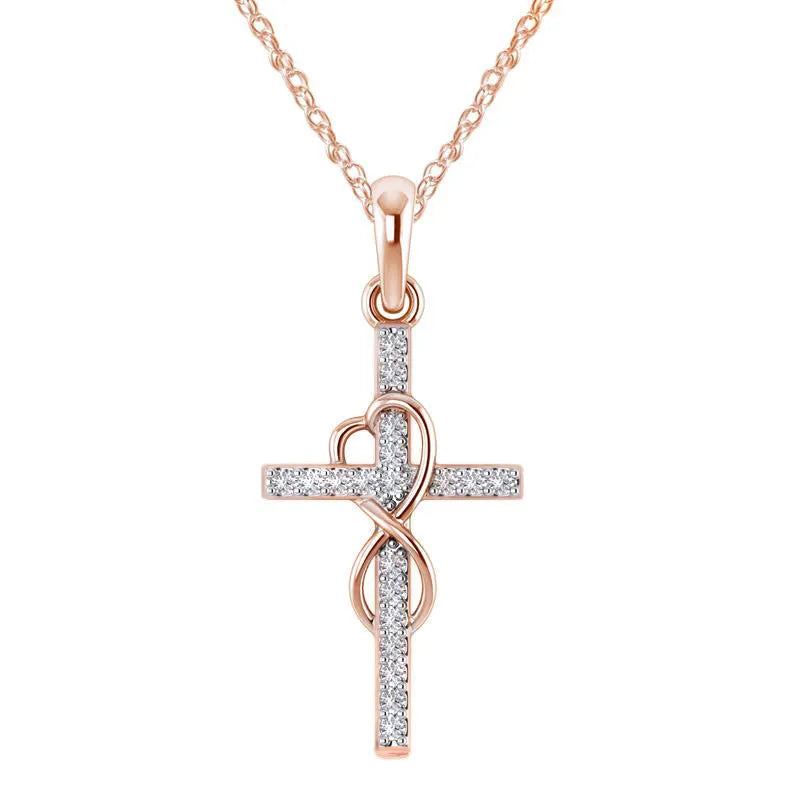 Alloy cross pendant necklace with diamond detail, adjustable chain, gold colour, unisex design