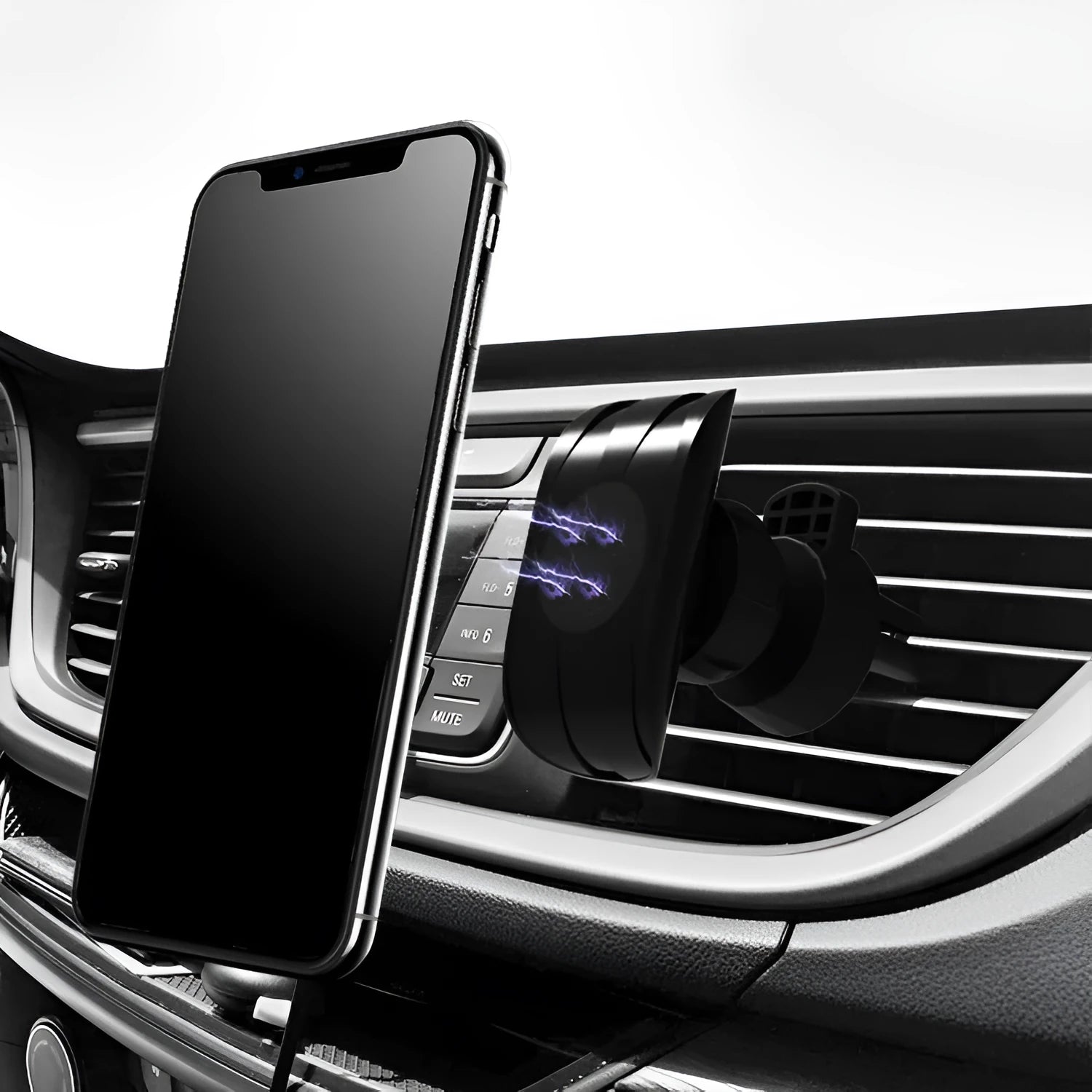 Black car phone holder clipped to a car air vent