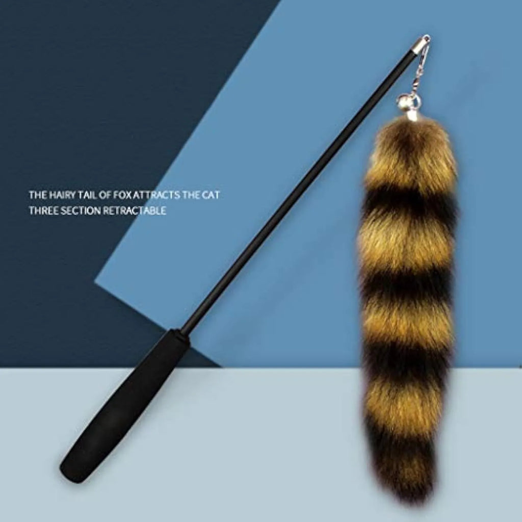 Black cat toy wand with feather teaser on elastic string, 42 cm long