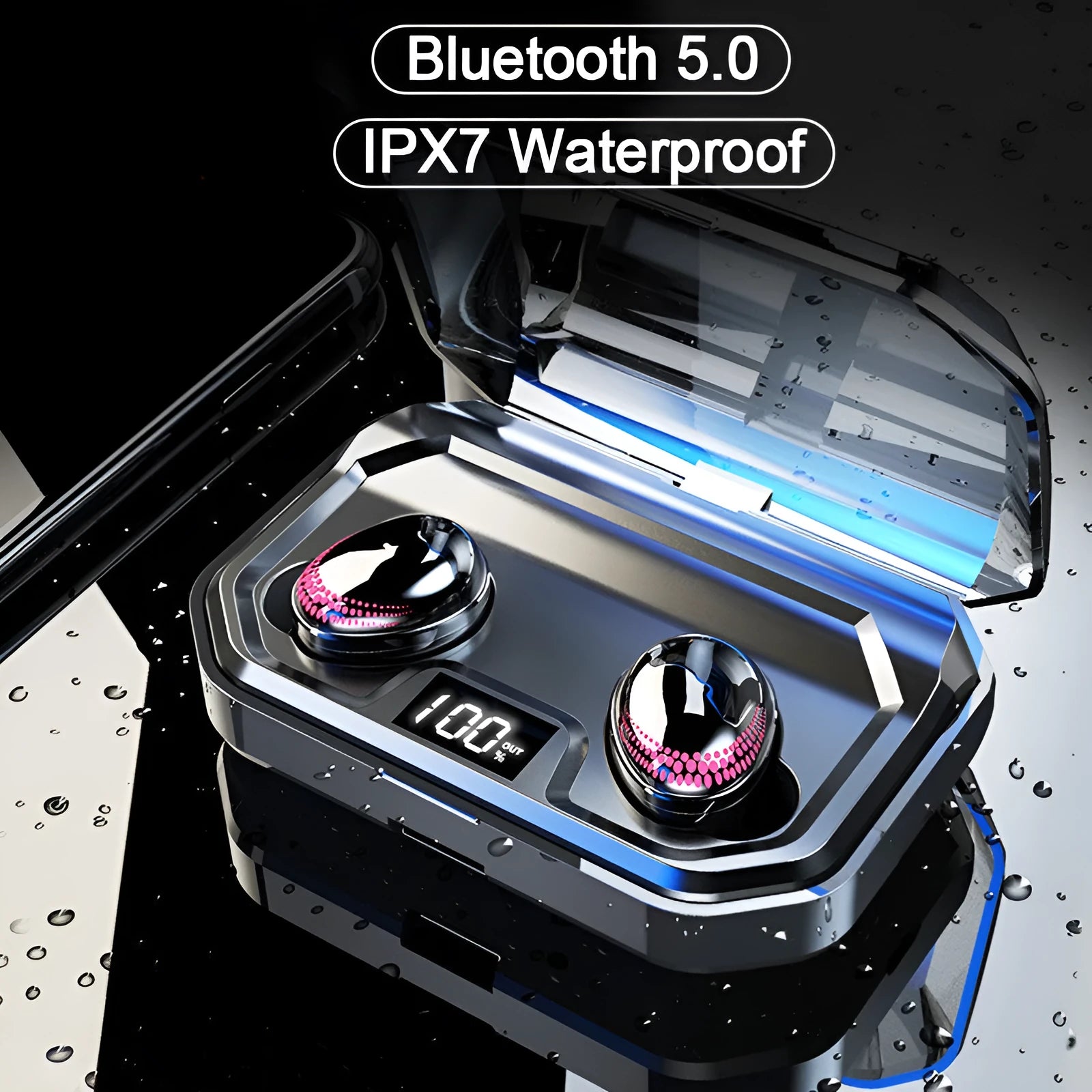 Black X10 Bluetooth wireless earbuds with charging case on a dark surface.