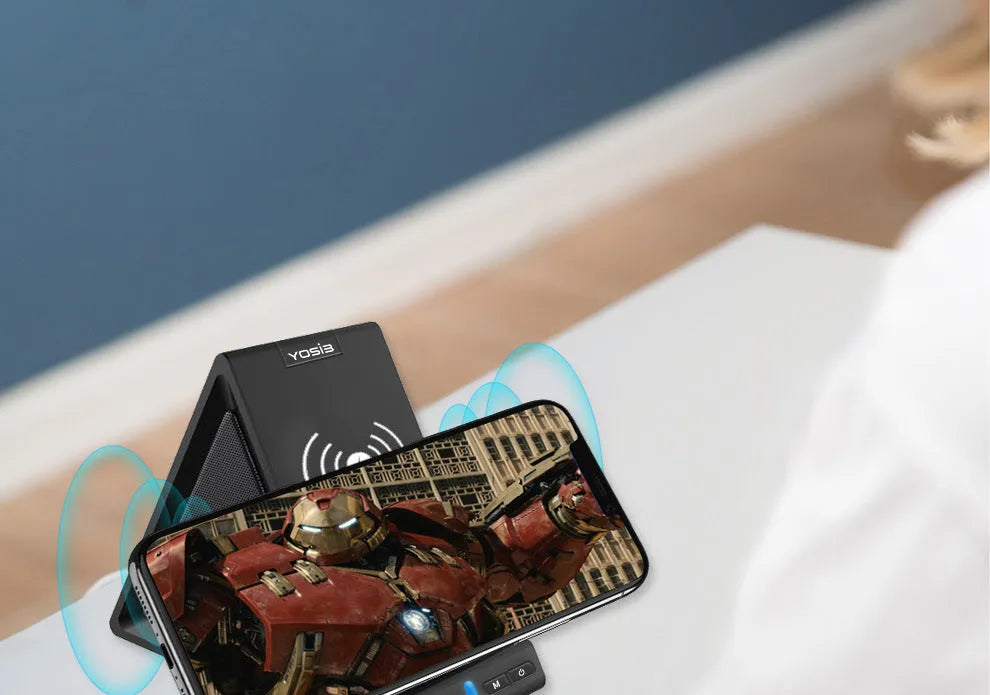 Black Bluetooth speaker with integrated phone stand and built-in 2000mAh power bank.