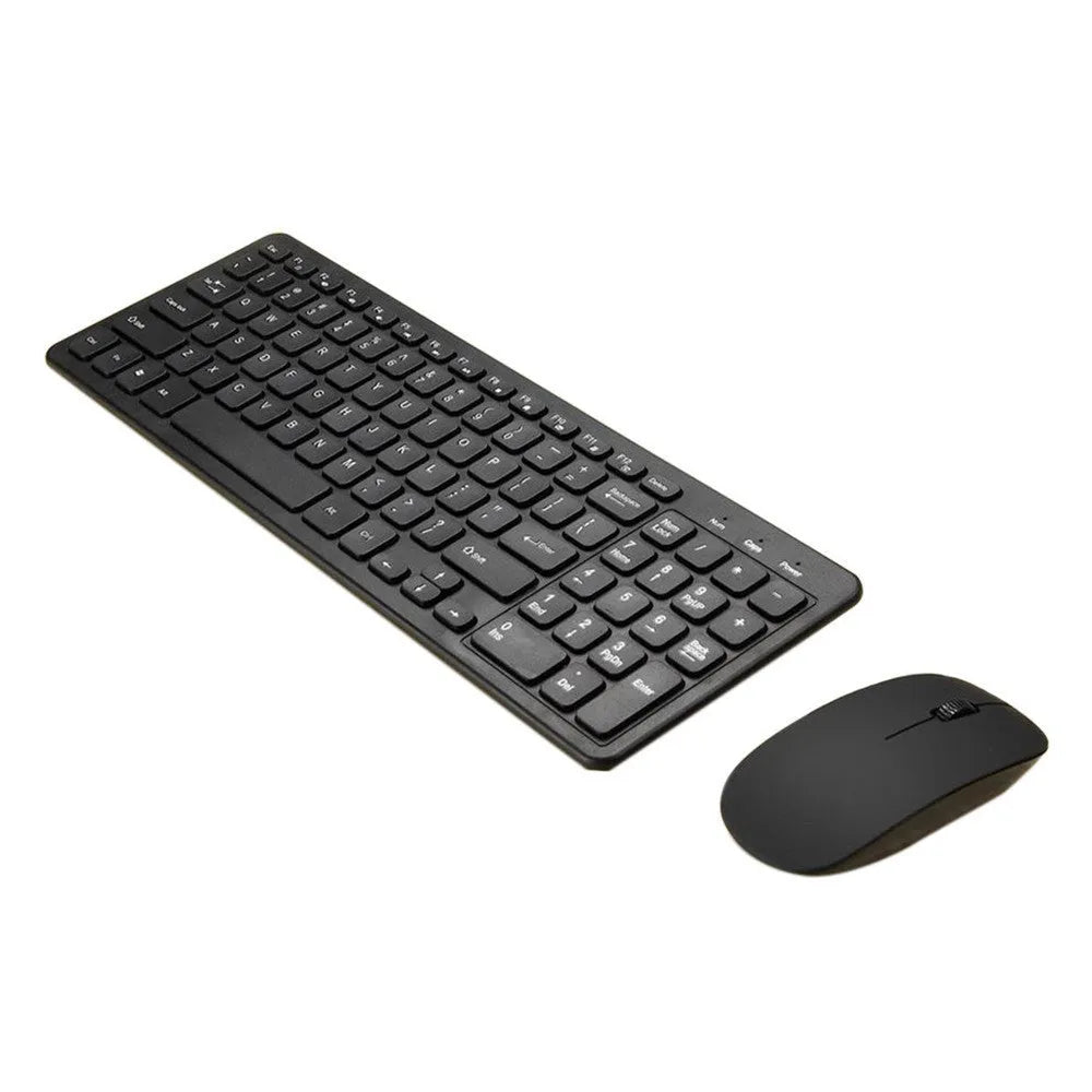 Black wireless keyboard and mouse set with 96 keys, chocolate keycaps, and compact mouse