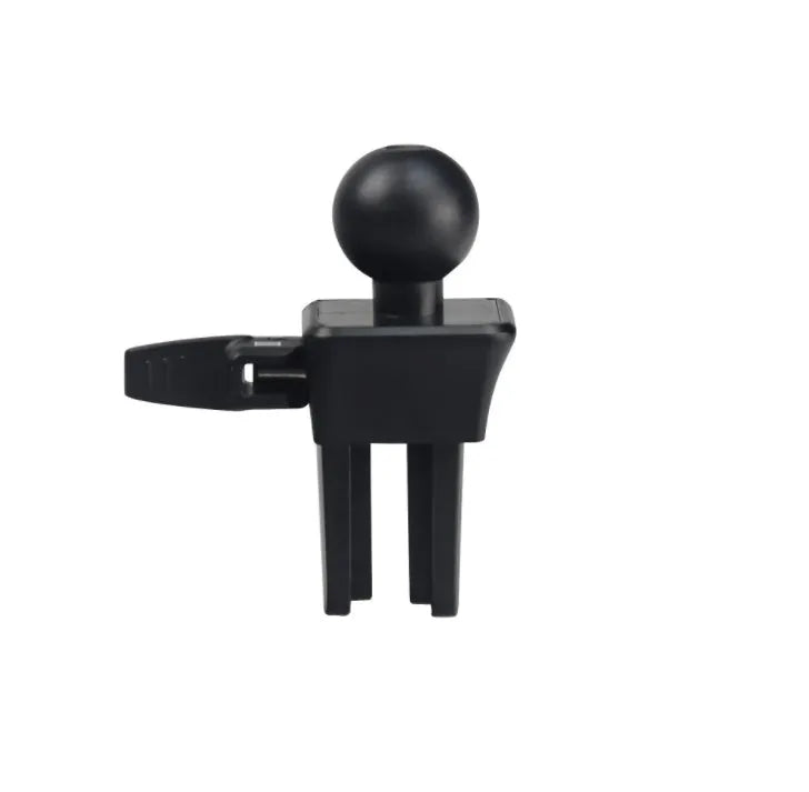 Black car air vent mobile phone holder mounted on vehicle air conditioning outlet holding smartphone
