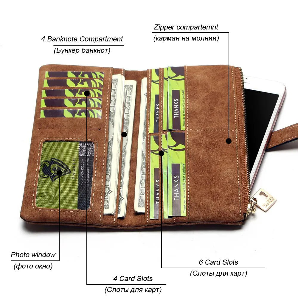 TAUREN brand retro matte PU leather long wallet for women showing two-fold design and multiple compartments