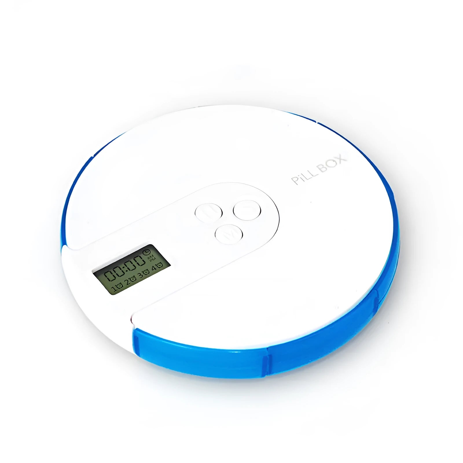 7-compartment alarm clock pill dispenser showing eight colour options with 11cm square dimensions