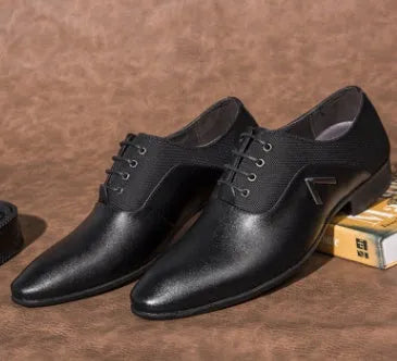 Men's Oxford shoes in black, brown, and yellow colours showing artificial PU upper and rubber sole