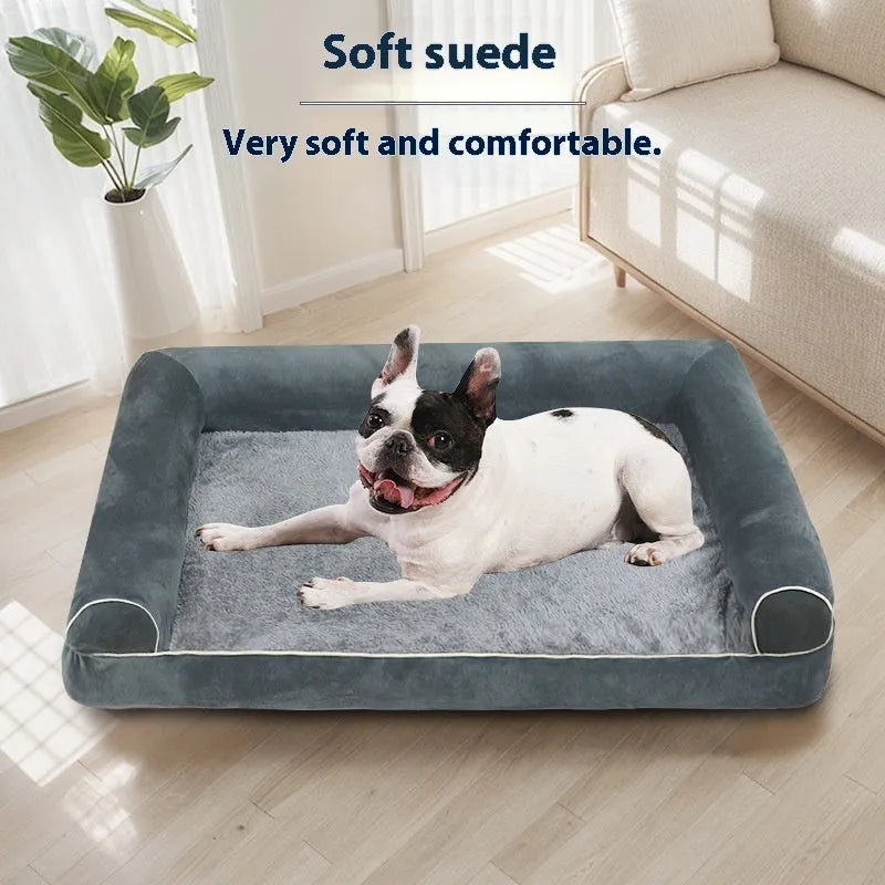 Breathable square sponge dog bed for pets in blue colour, shown in a home setting.