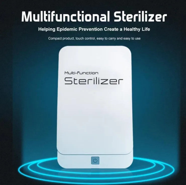 Blue ABS UV phone steriliser with touch switch and open lid showing internal compartment for 6.5-inch device