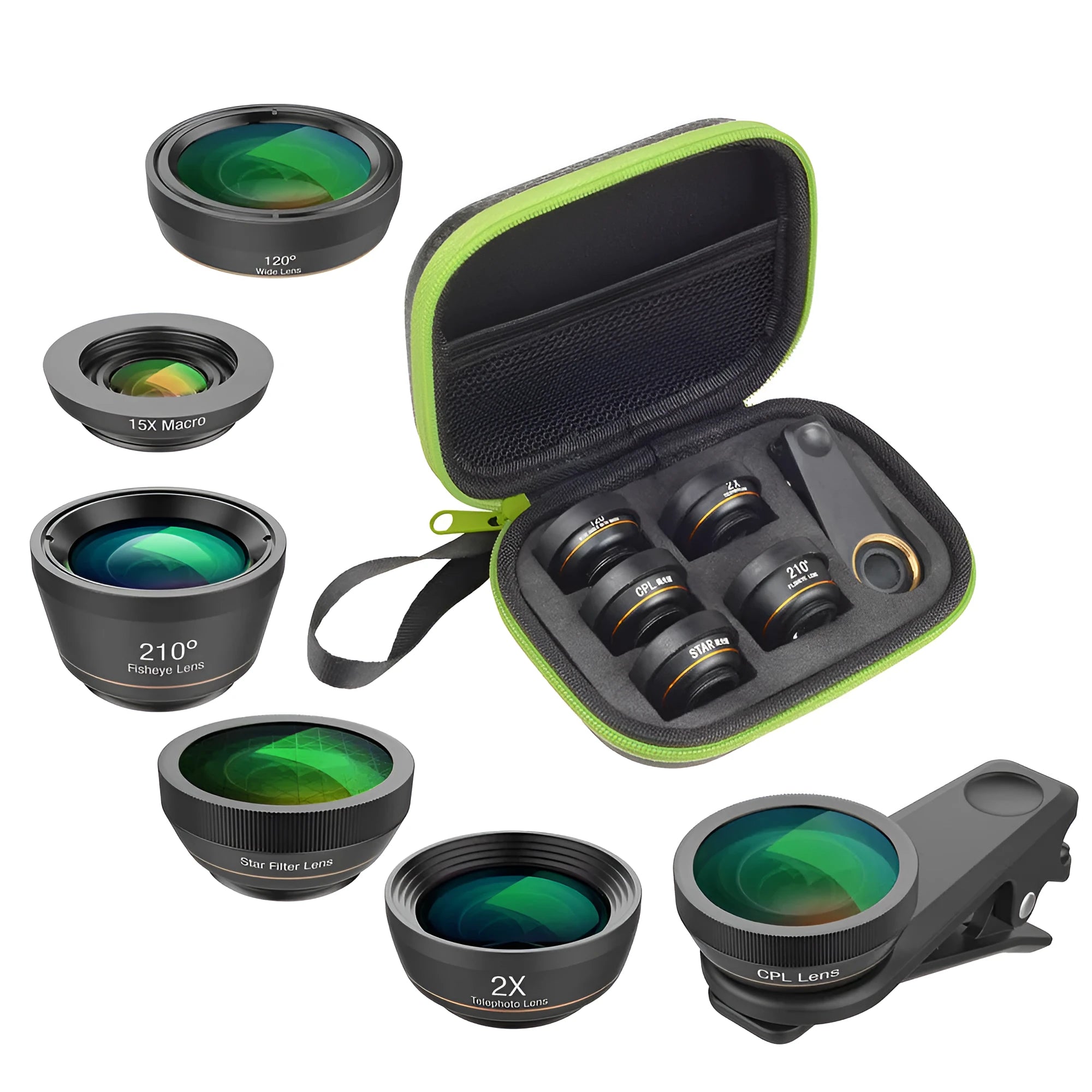 Black 6 in 1 mobile phone lens kit with fisheye, telephoto, wide-angle macro, CPL and star filters in EVA case.
