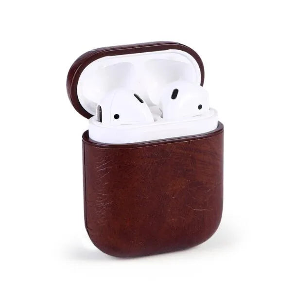 Genuine leather protective pouch for Apple AirPods charging case in black, brown, light brown, and red.