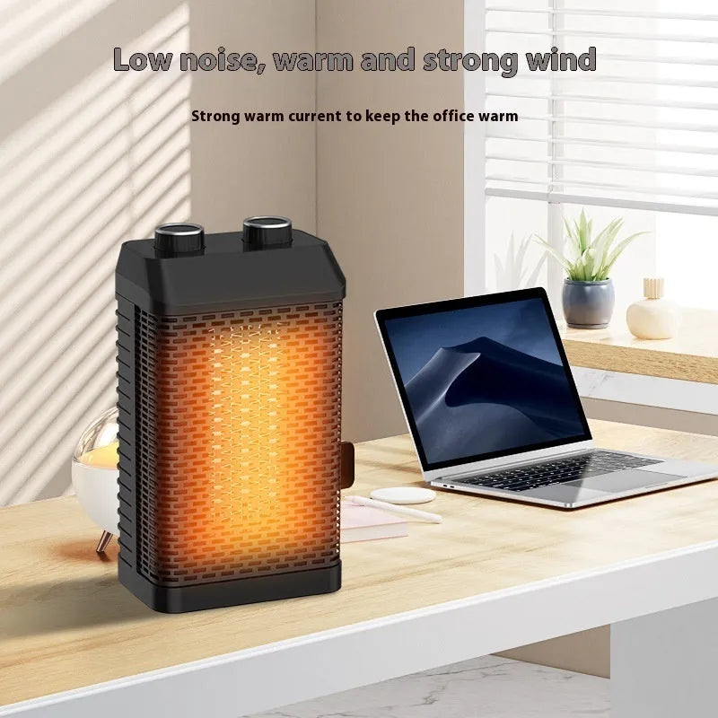 Black remote control smart desktop heater with shaking head mechanism on a desk
