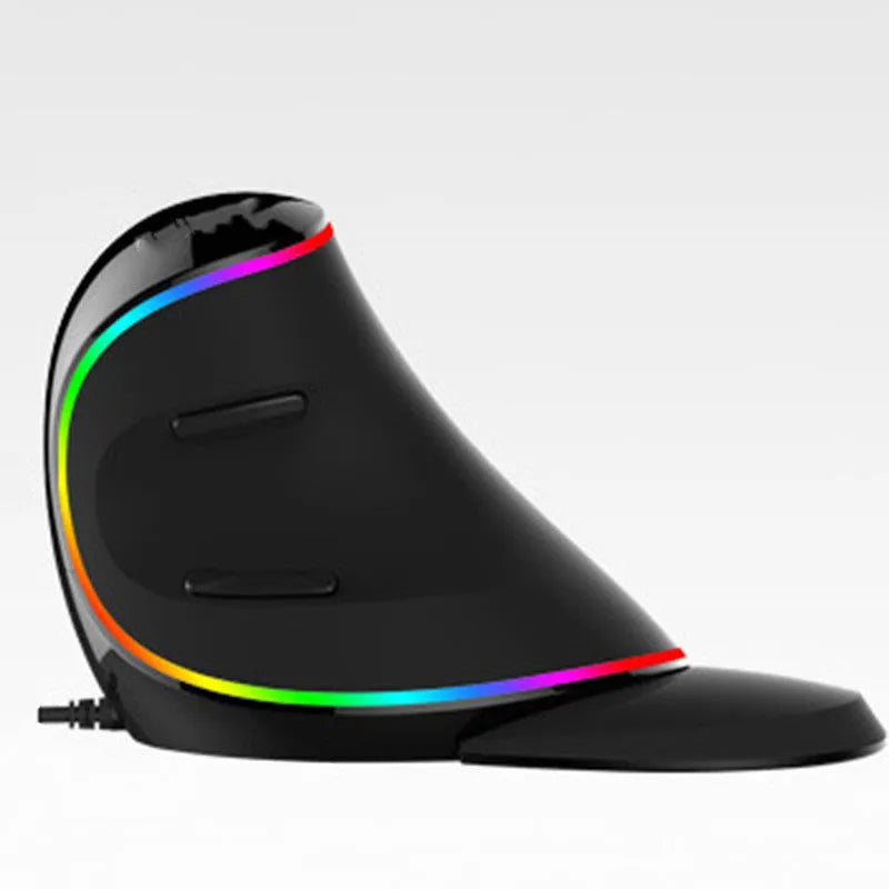 Vertical ergonomic wired computer mouse with RGB lighting, shown in a handshake-style grip.