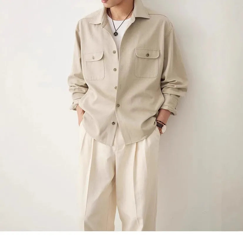 Men's cotton blend shirt with simple lapel in light sand rice or nautilidae colour.