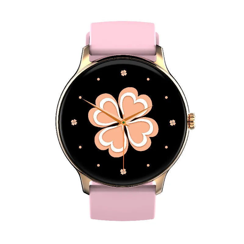 Black smartwatch with blood pressure monitoring on a silicone wristband, showing 1.28-inch touchscreen