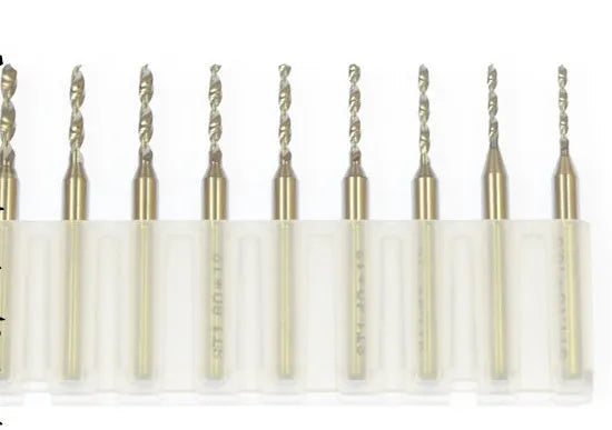 Set of imported tungsten steel micro engraving bits ranging from 0.10mm to 2.00mm in diameter.