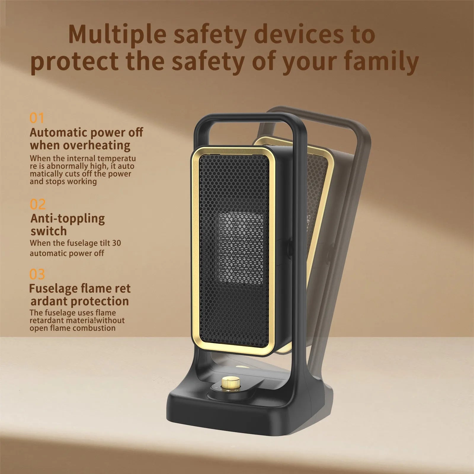 Black desktop PTC ceramic fan heater with control knob, shown on a table.