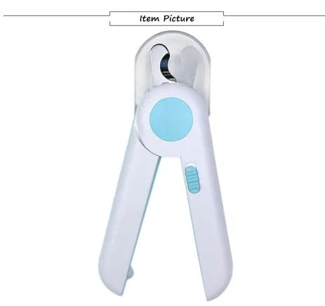 Blue LED Pet Nail Clipper with stainless steel blade and light on a white background