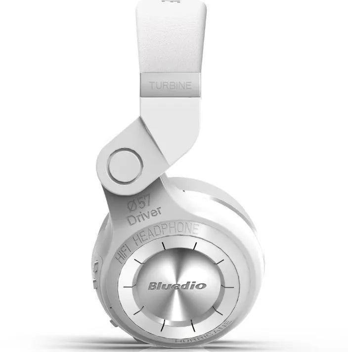Blue String T2 black and white Bluetooth over-ear headphones with folding metal headband and detachable cable.