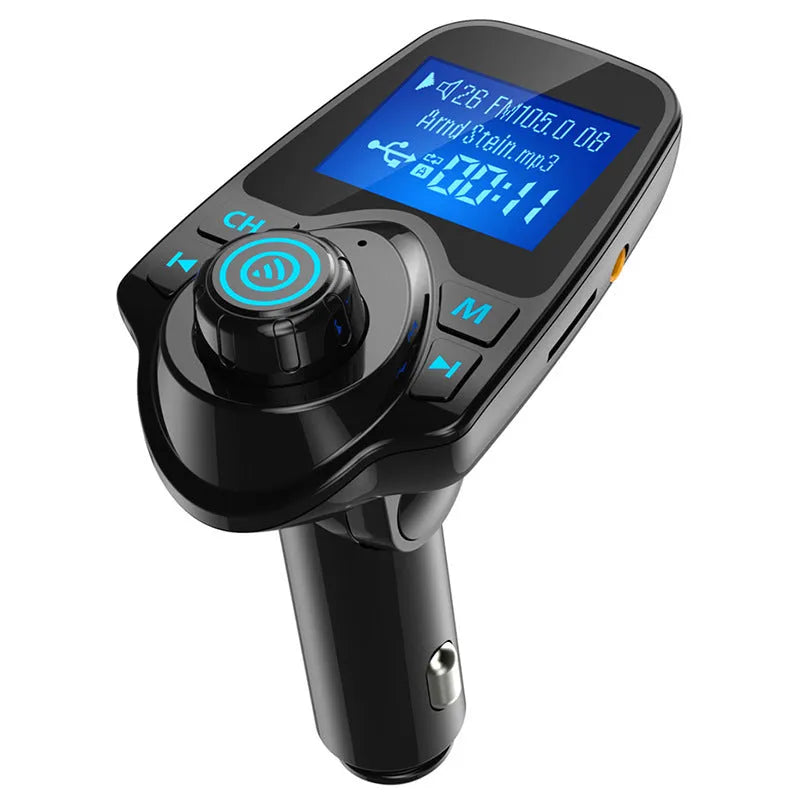 Black G7 car Bluetooth hands-free FM transmitter with USB port and card slot plugged into a 12V socket.