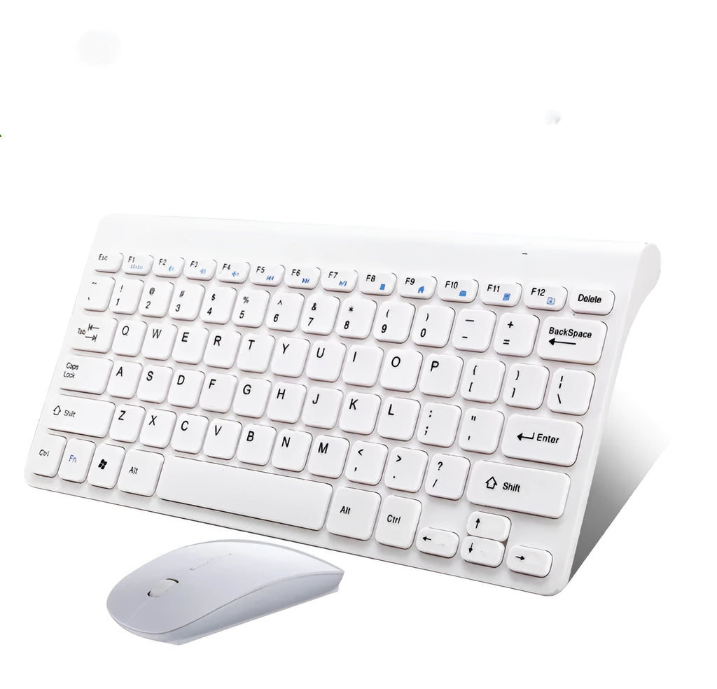 Black and white wireless keyboard and mouse set with UK layout and USB receiver