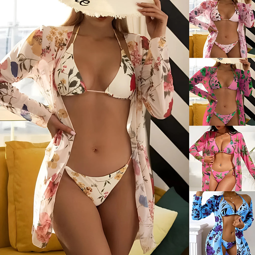 Women's printed mesh cover-up swimsuit set bra swim trunks polyester floral pattern