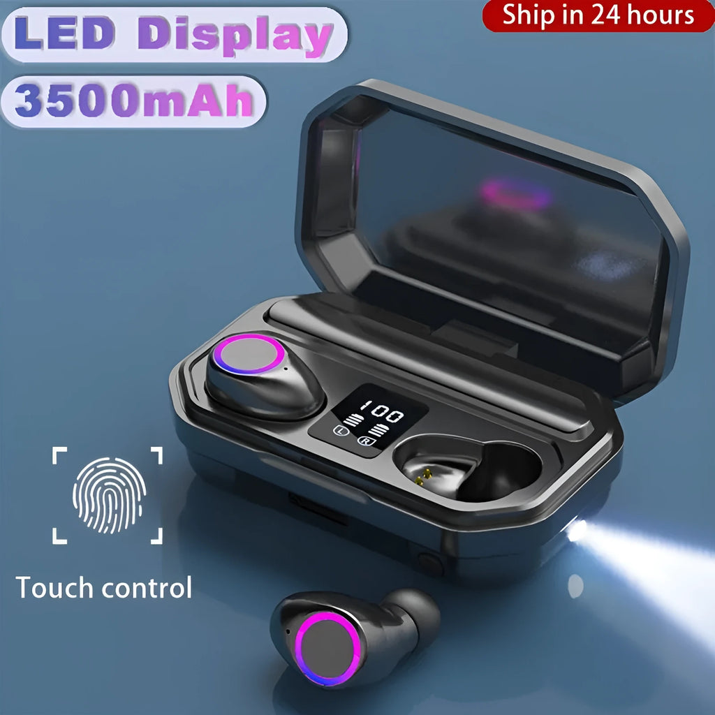 Wireless Bluetooth headset with HD LED digital power display on charging cabin, black colour, earplug style