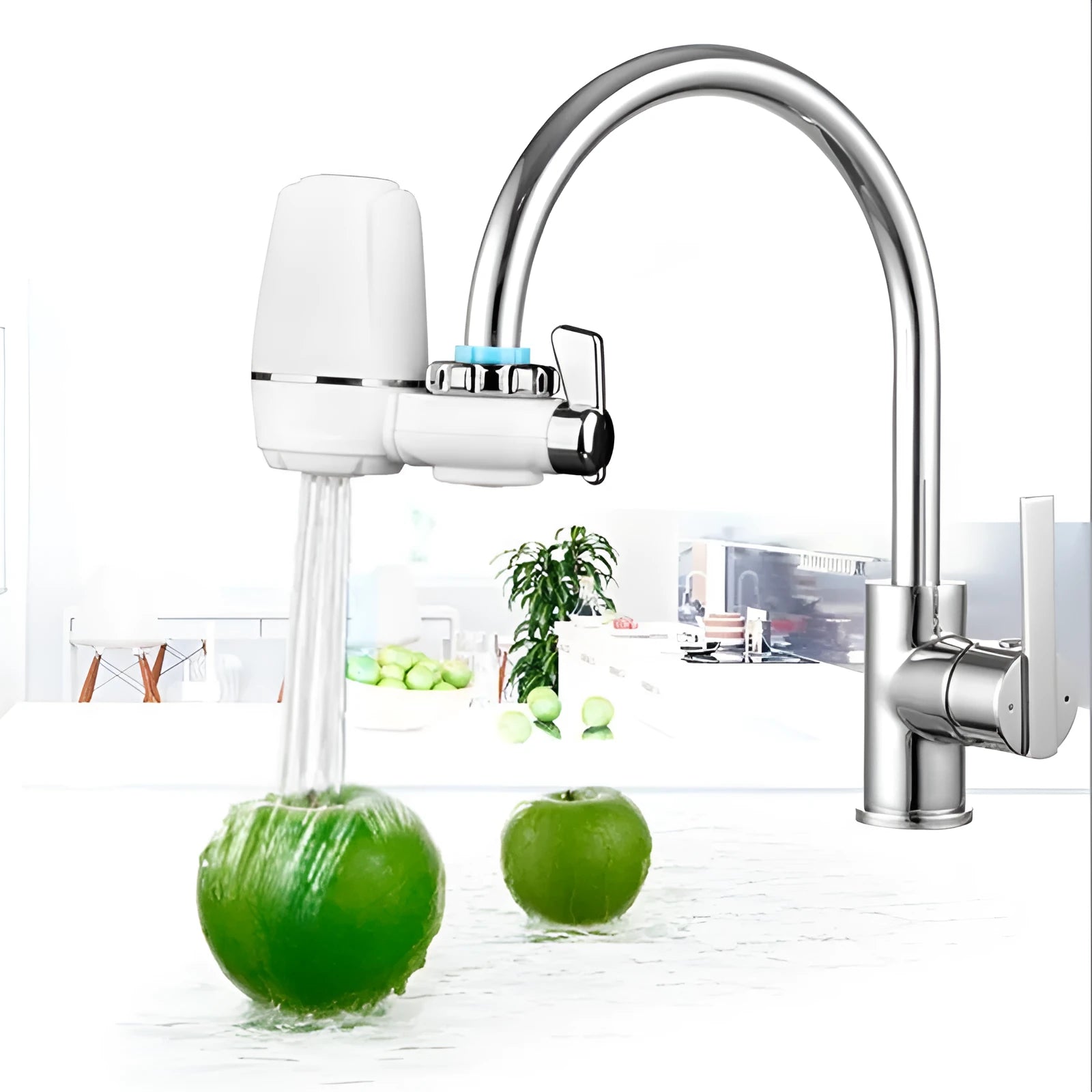 White kitchen tap water filter with ceramic cartridge and universal adapter fittings