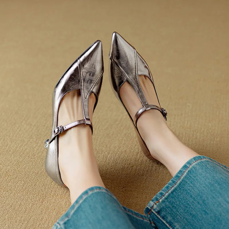 Women's gun colour Mary Jane pumps with genuine leather upper and chunky 3-5cm heel
