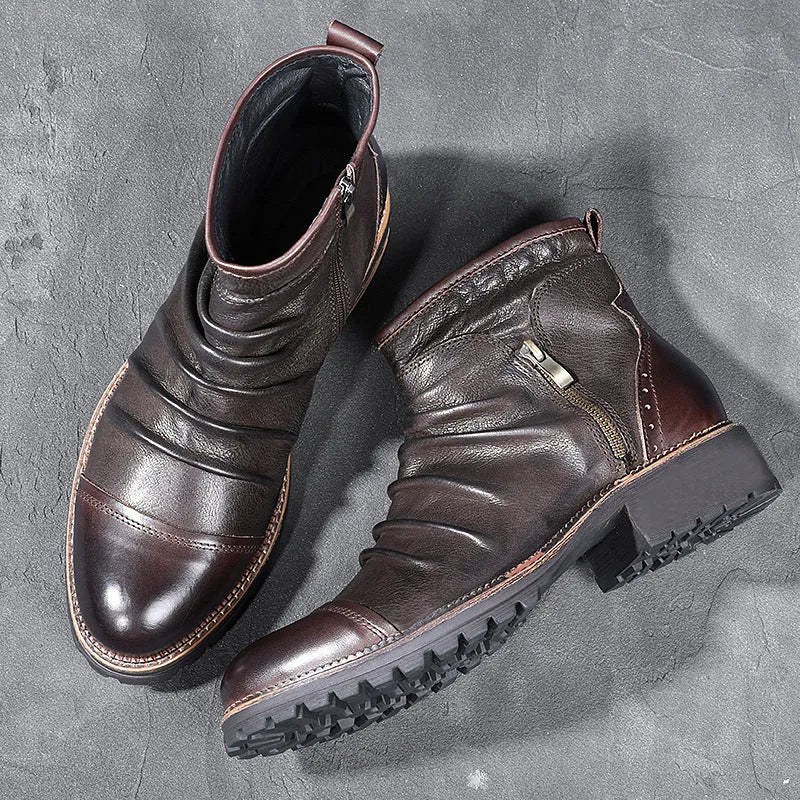 Black PU leather cowboy boots with side zipper and a mid-level heel.