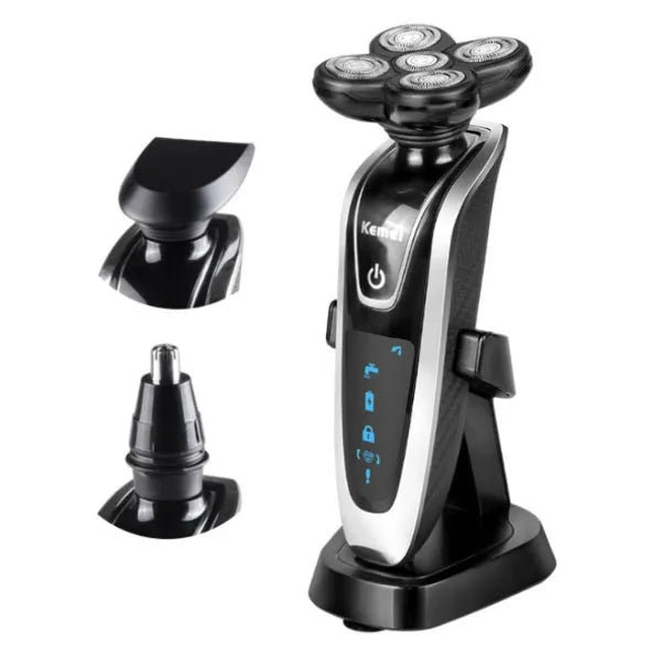 Smart rechargeable razor with ABS body, corner cutter head, nose hair trimmer, charging base, and carrying bag