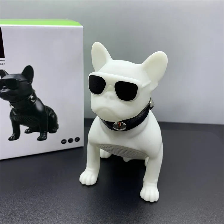 Mini bulldog-shaped Bluetooth speaker in black, red, or white colour with wireless audio connectivity