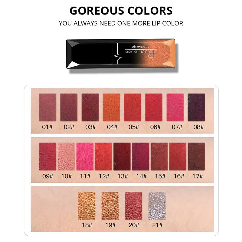 Matte lip gloss lipstick in 8ml tube with 21 colour options, long-lasting waterproof finish