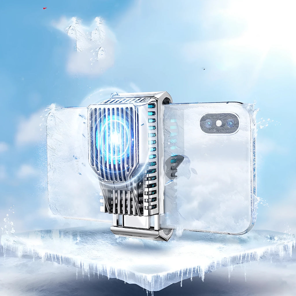 Black mobile phone radiator with aluminium alloy heat sink clipped onto smartphone