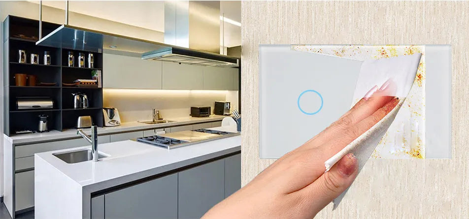 Two-gang tempered glass touch light switch with RF remote control in white, black or gold finish