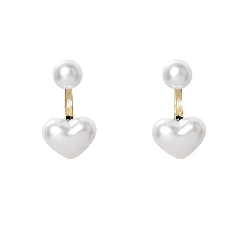 Heart-shaped pearl stud earrings with alloy setting and artificial gemstones in Korean style