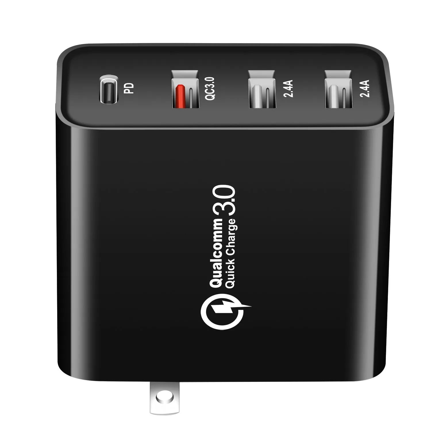 Black 48W USB-C wall charger with four ports and a UK plug on a white background.