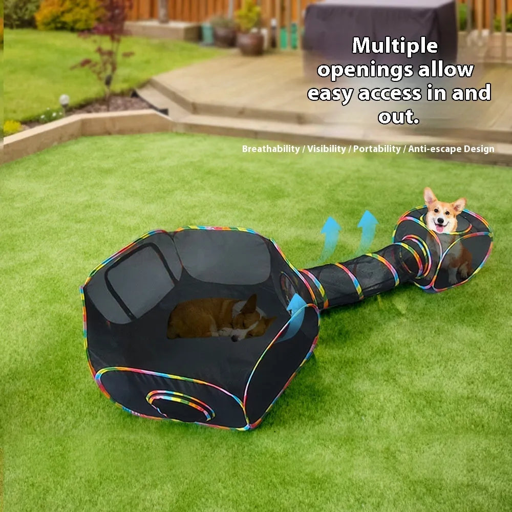 Foldable mesh cat roll cage pet toy showing multiple shape options including hexagonal and tent styles