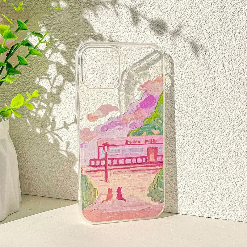 Soft silicone iPhone case showing colourful cartoon illustration of two cats on the back