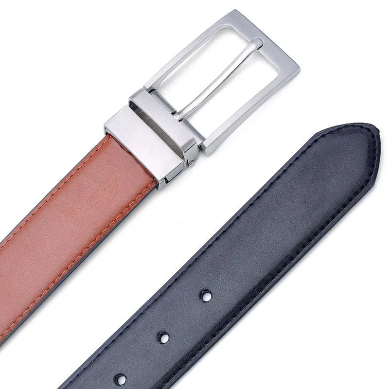 Men's brown black genuine leather belt with a silver alloy rotating pin buckle.