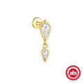 Geometric kite-shaped sterling silver earrings with rhinestones and a dangling chain tassel in a gold colour.
