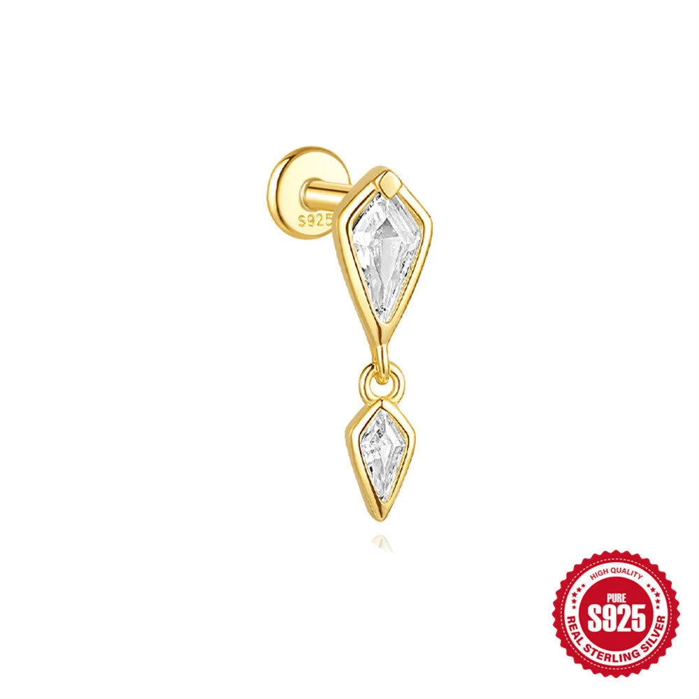 Geometric kite-shaped sterling silver earrings with rhinestones and a dangling chain tassel in a gold colour.